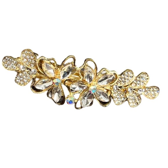 Accessories - Gold Floral Clear Crystal Hair Clip barrette